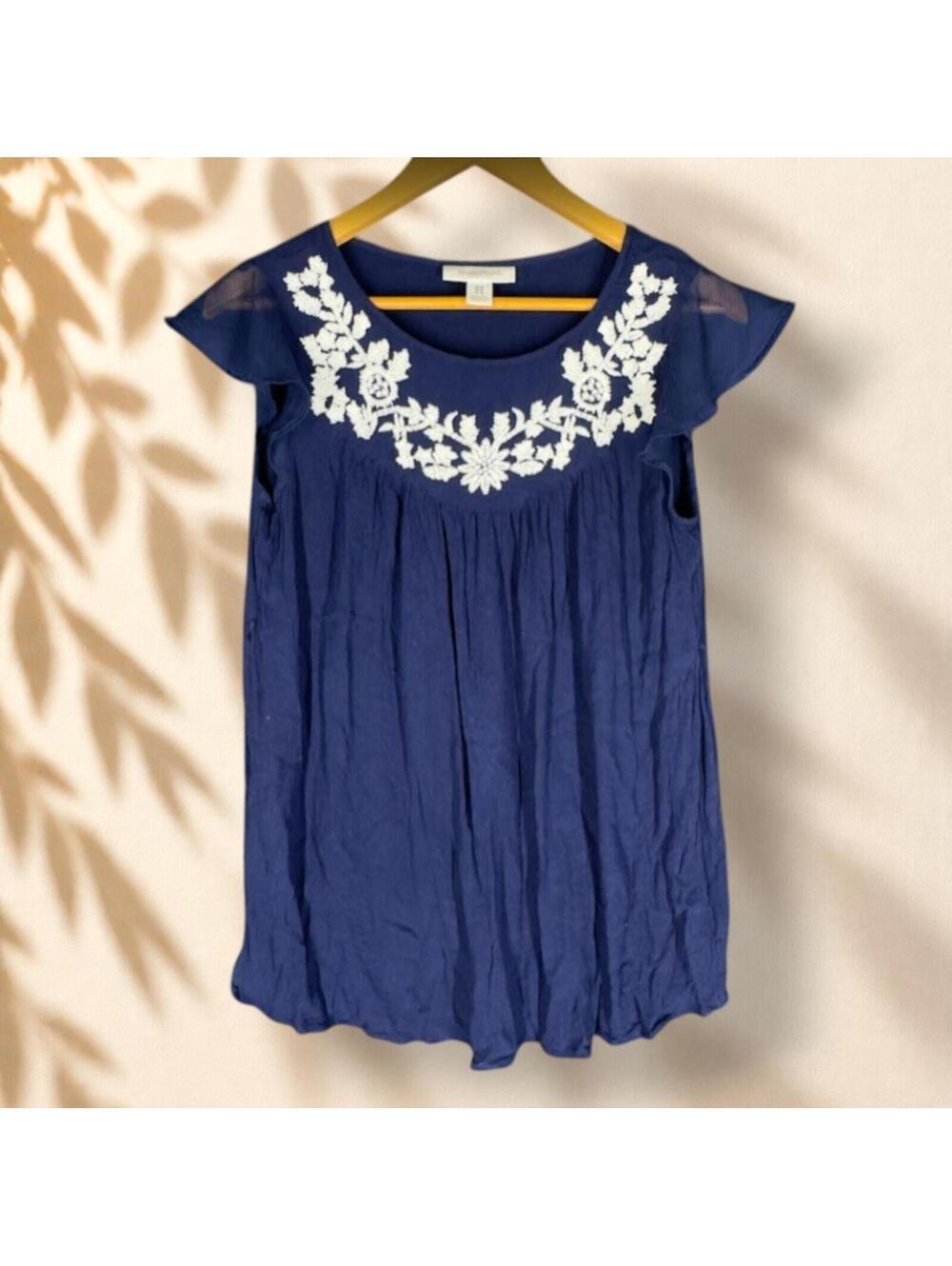 Motherhood Maternity Blouse Women M Medium Blue Floral Embroidered Short Sleeve